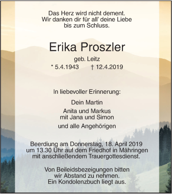 Traueranzeige von Erika Proszler von SÜDWEST PRESSE Ausgabe Ulm/Neu-Ulm