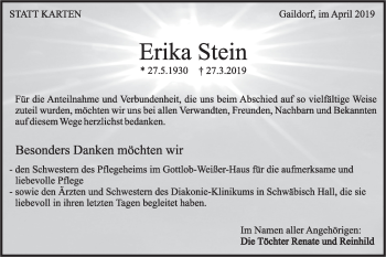 Traueranzeige von Erika Stein von Rundschau Gaildorf