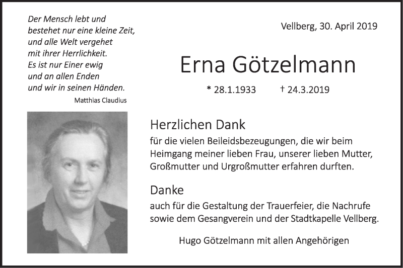  Traueranzeige für Erna Götzelmann vom 30.04.2019 aus Haller Tagblatt