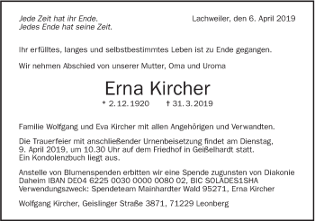 Traueranzeige von Erna Kircher von Haller Tagblatt