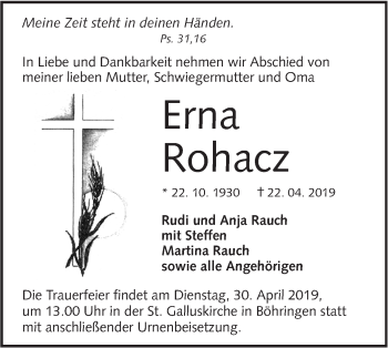 Traueranzeige von Erna Rohacz von Alb-Bote/Metzinger-Uracher Volksblatt