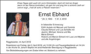 Traueranzeige von Ernst Ebhard von SÜDWEST PRESSE Ausgabe Ulm/Neu-Ulm