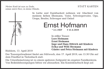 Traueranzeige von Ernst Hofmann von Hohenloher Tagblatt