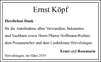 Traueranzeige von Ernst Köpf von SÜDWEST PRESSE Ausgabe Ulm/Neu-Ulm