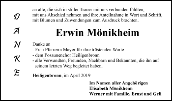 Traueranzeige von Erwin Mönikheim von Hohenloher Tagblatt