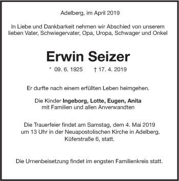 Traueranzeige von Erwin Seizer von NWZ Neue Württembergische Zeitung