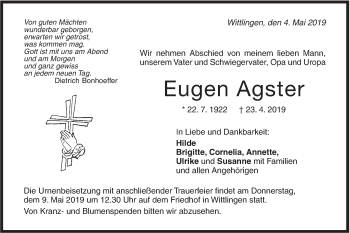 Traueranzeige von Eugen Agster von Metzinger-Uracher Volksblatt