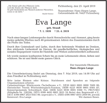 Traueranzeige von Eva Lange von Rundschau Gaildorf