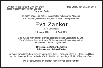 Traueranzeige von Eva Zanker von Metzinger-Uracher Volksblatt