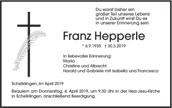 Traueranzeige von Franz Hepperle von Ehinger Tagblatt