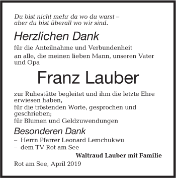 Traueranzeige von Franz Lauber von Hohenloher Tagblatt