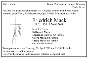 Traueranzeige von Friedrich Mack von Geislinger Zeitung