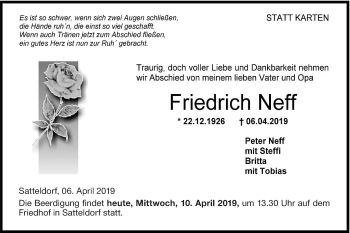 Traueranzeige von Friedrich Neff von Rundschau Gaildorf