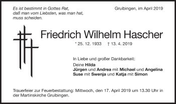 Traueranzeige von Friedrich Wilhelm Hascher von NWZ Neue Württembergische Zeitung/Geislinger Zeitung