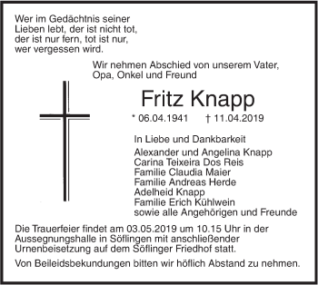 Traueranzeige von Fritz Knapp von SÜDWEST PRESSE Ausgabe Ulm/Neu-Ulm