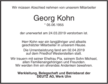 Traueranzeige von Georg Kohn von SÜDWEST PRESSE Ausgabe Ulm/Neu-Ulm