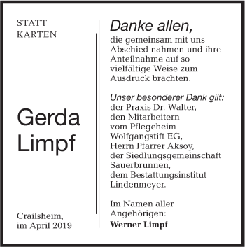 Traueranzeige von Gerda Limpf von Hohenloher Tagblatt
