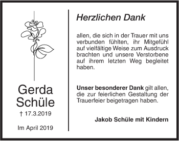 Traueranzeige von Gerda Schüle von SÜDWEST PRESSE