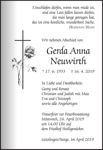 Traueranzeige von Gerda Anna Neuwirth von Geislinger Zeitung