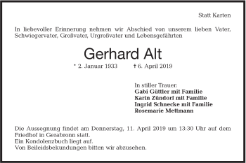 Traueranzeige von Gerhard Alt von Hohenloher Tagblatt