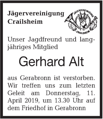 Traueranzeige von Gerhard Alt von Hohenloher Tagblatt