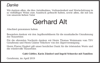 Traueranzeige von Gerhard Alt von Hohenloher Tagblatt