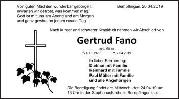 Traueranzeige von Gertrud Fano von Metzinger-Uracher Volksblatt