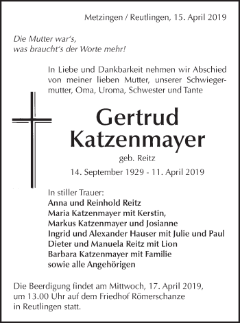 Traueranzeige von Gertrud Katzenmayer von Metzinger-Uracher Volksblatt