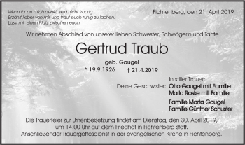 Traueranzeige von Gertrud Traub von Rundschau Gaildorf