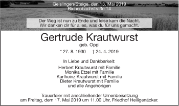 Traueranzeige von Gertrude Krautwurst von Geislinger Zeitung