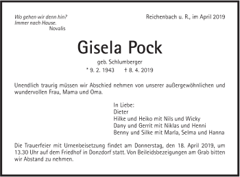 Traueranzeige von Gisela Pock von NWZ Neue Württembergische Zeitung