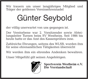 Traueranzeige von Günter Seybold von Haller Tagblatt