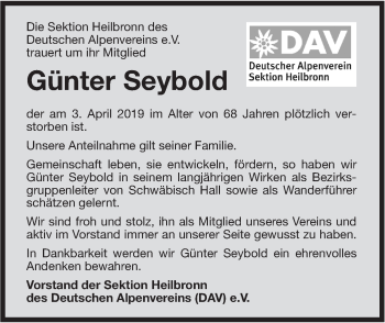 Traueranzeige von Günter Seybold von Haller Tagblatt