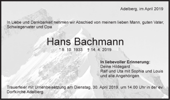 Traueranzeige von Hans Bachmann von NWZ Neue Württembergische Zeitung