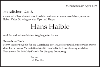 Traueranzeige von Hans Haible von Alb-Bote/Metzinger-Uracher Volksblatt