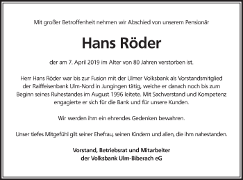 Traueranzeige von Hans Röder von SÜDWEST PRESSE Ausgabe Ulm/Neu-Ulm