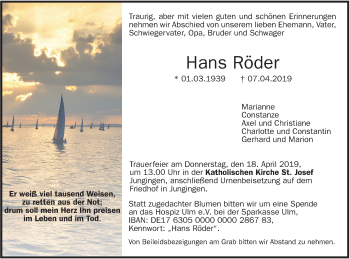 Traueranzeige von Hans Röder von SÜDWEST PRESSE Ausgabe Ulm/Neu-Ulm