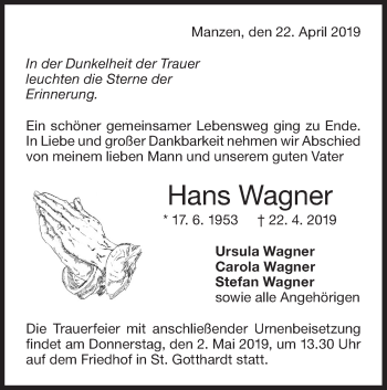 Traueranzeige von Hans Wagner von NWZ Neue Württembergische Zeitung