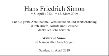 Traueranzeige von Hans Friedrich Simon von SÜDWEST PRESSE Ausgabe Ulm/Neu-Ulm