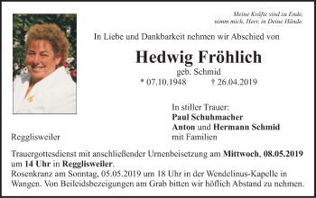 Traueranzeige von Hedwig Fröhlich von Illertal Bote