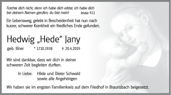 Traueranzeige von Hedwig Hede Jany von Haller Tagblatt