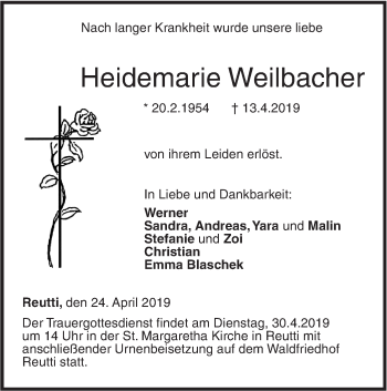 Traueranzeige von Heidemarie Weilbacher von SÜDWEST PRESSE Ausgabe Ulm/Neu-Ulm