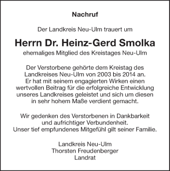 Traueranzeige von Heinz-Gerd Smolka von SÜDWEST PRESSE Ausgabe Ulm/Neu-Ulm