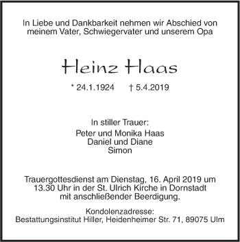 Traueranzeige von Heinz Haas von SÜDWEST PRESSE Ausgabe Ulm/Neu-Ulm