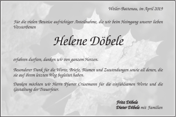 Traueranzeige von Helene Döbele von Geislinger Zeitung