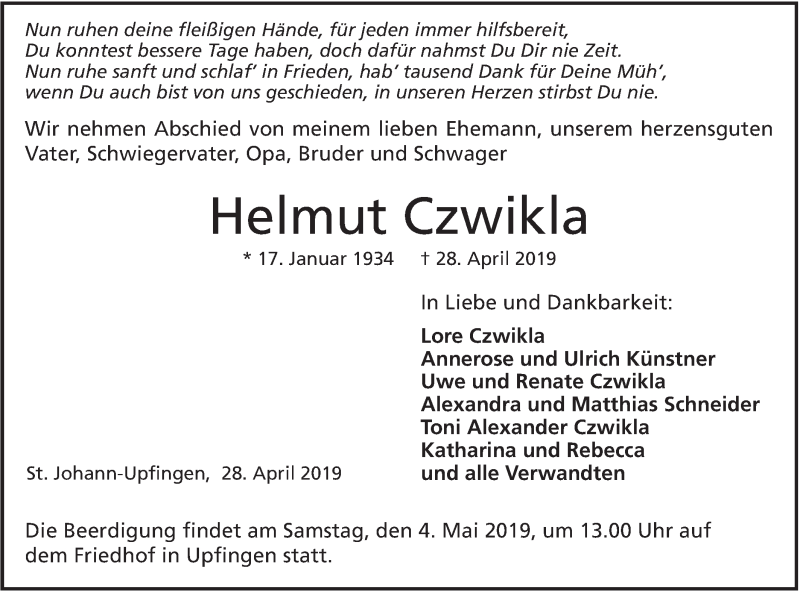  Traueranzeige für Helmut Czwikla vom 02.05.2019 aus Alb-Bote/Metzinger-Uracher Volksblatt