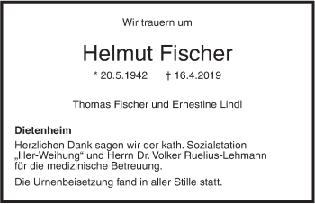 Traueranzeige von Helmut Fischer von Illertal Bote