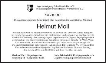 Traueranzeige von Helmut Moll von Rundschau Gaildorf