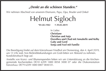 Traueranzeige von Helmut Sigloch von Haller Tagblatt