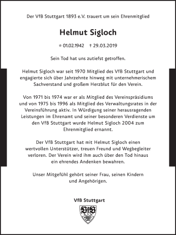 Traueranzeige von Helmut Sigloch von Hohenloher Tagblatt